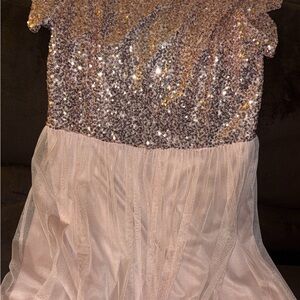 MARINA Sequin Top Dress in Gold and Cream